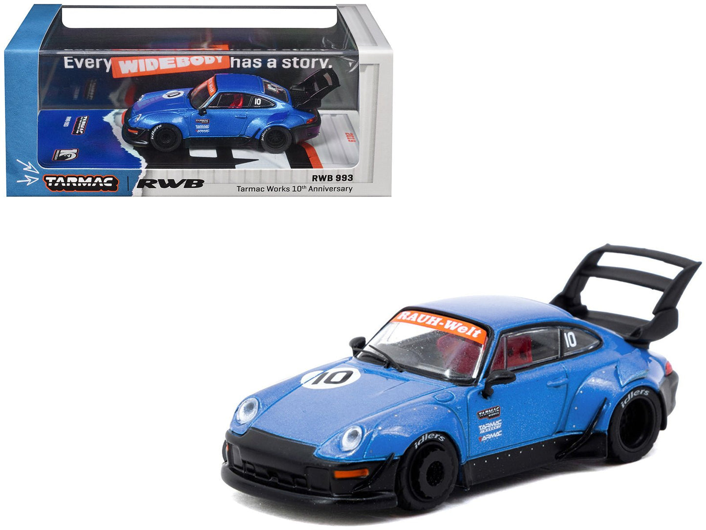 RWB 993 RHD (Right Hand Drive) #10 "Tarmac Works 10th Anniversary" Blue Metallic "Hobby64" Series 1/64 Diecast Model Car by Tarmac Works free shipping USA