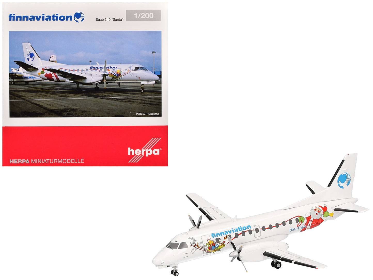 Saab 340 Commercial Aircraft "Finnaviation - Santa Livery" (OH-FAH) White with Graphics 1/200 Diecast Model Airplane by Herpa free shipping USA