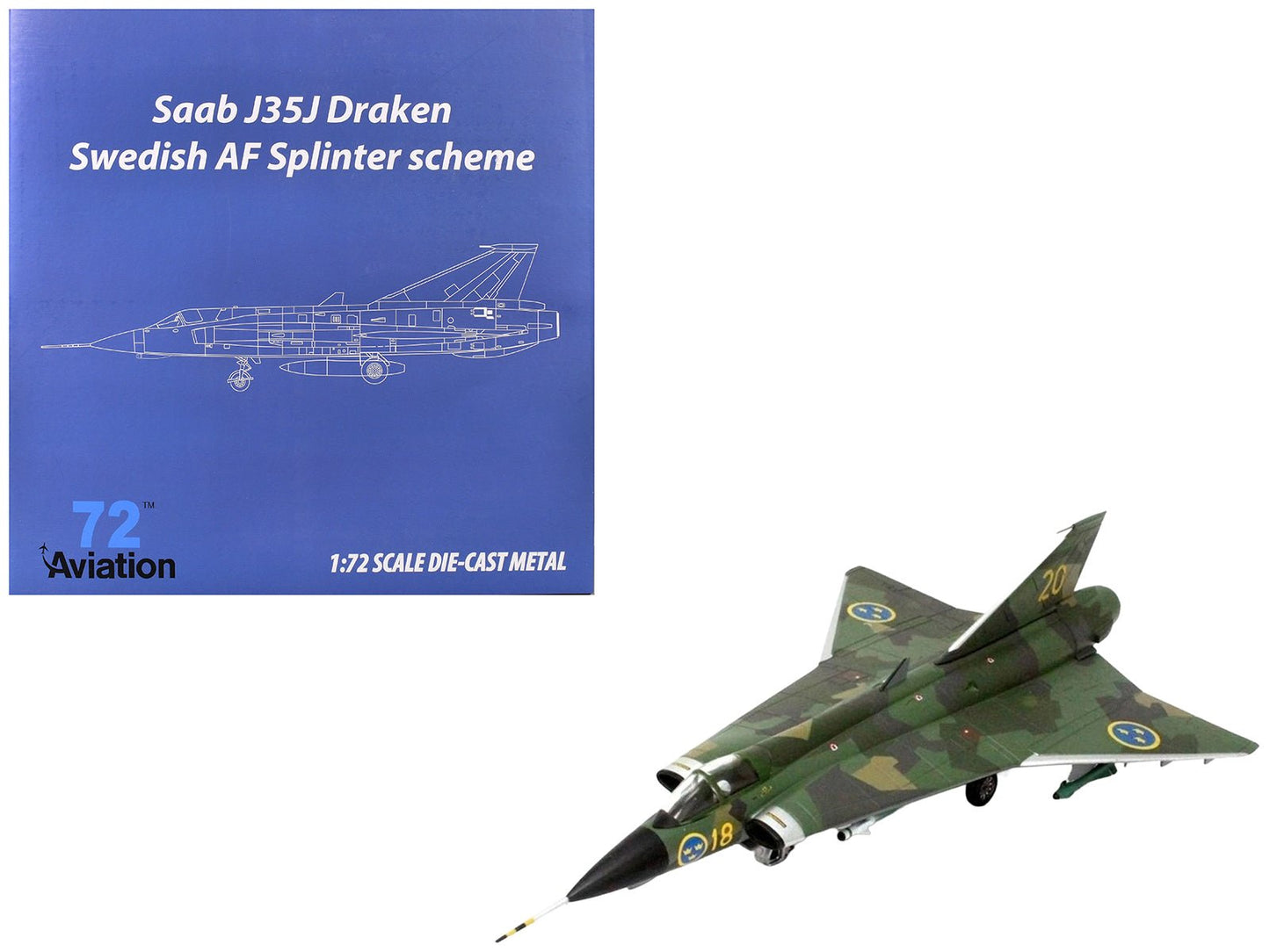 Saab J35J Draken Fighter Aircraft "Splinter Camouflage Scheme F 18 Sodertorn Wing" (1972) Swedish Air Force 1/72 Diecast Model Airplane by Aviation 72 free shipping USA