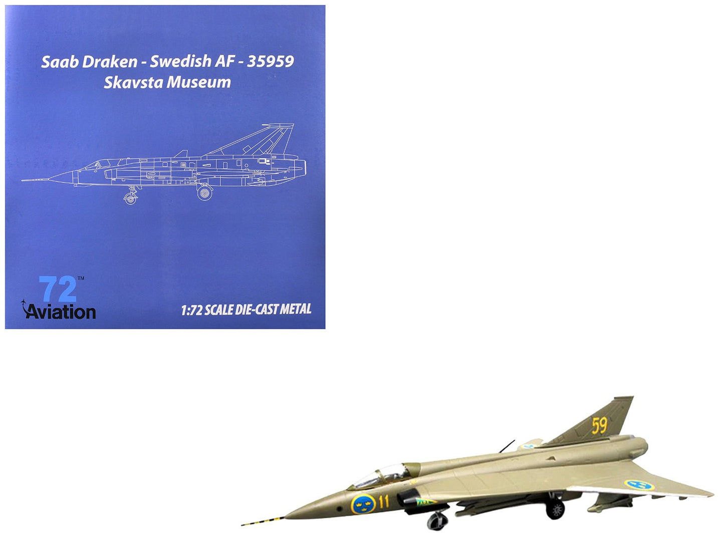 Saab S35 Draken Fighter Aircraft "59 F 11 Wing Skavsta Museum" (1979) Swedish Air Force 1/72 Diecast Model Airplane by Aviation 72 free shipping USA