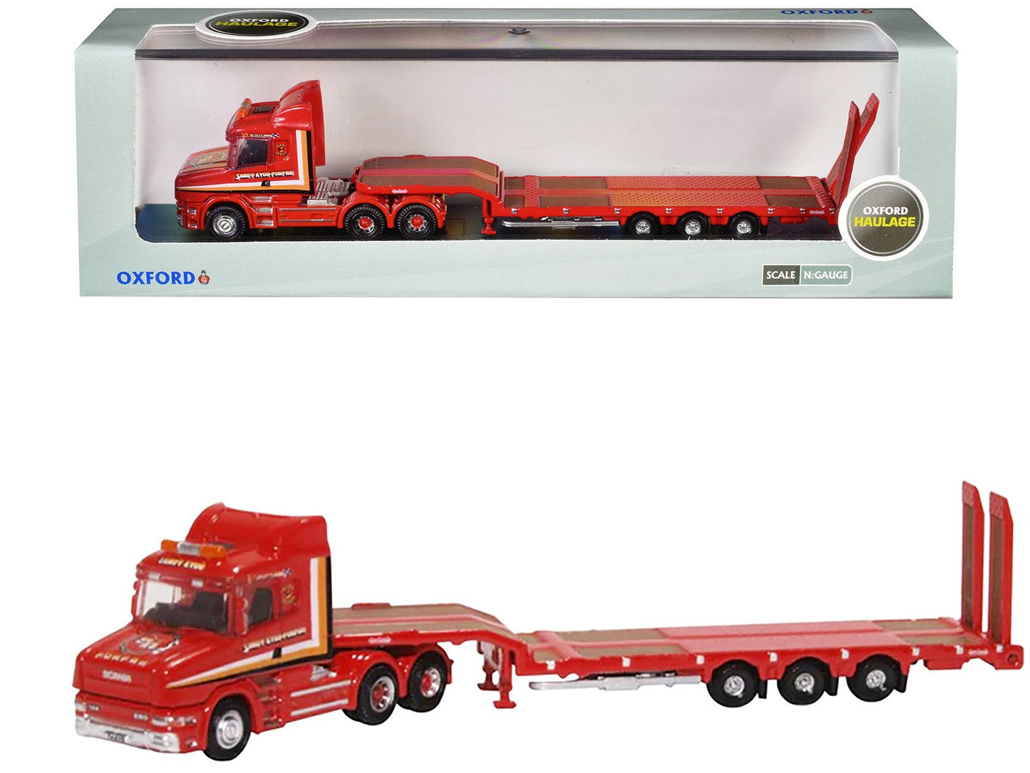 Scania T-Cab Truck RHD (Right Hand Drive) with Lowboy Trailer "Sandy Kydd" Red with Stripes 1/148 (N) Scale Diecast Model Car by Oxford Diecast free shipping USA