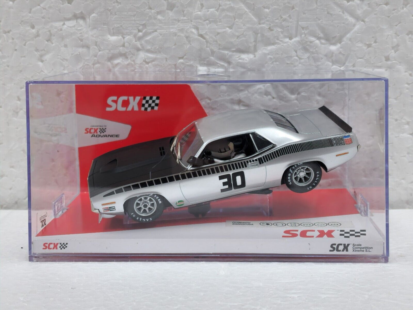 SCX AAR Plymouth Cuda Trans Am Silver for Scalextric Slot Car 1/32
