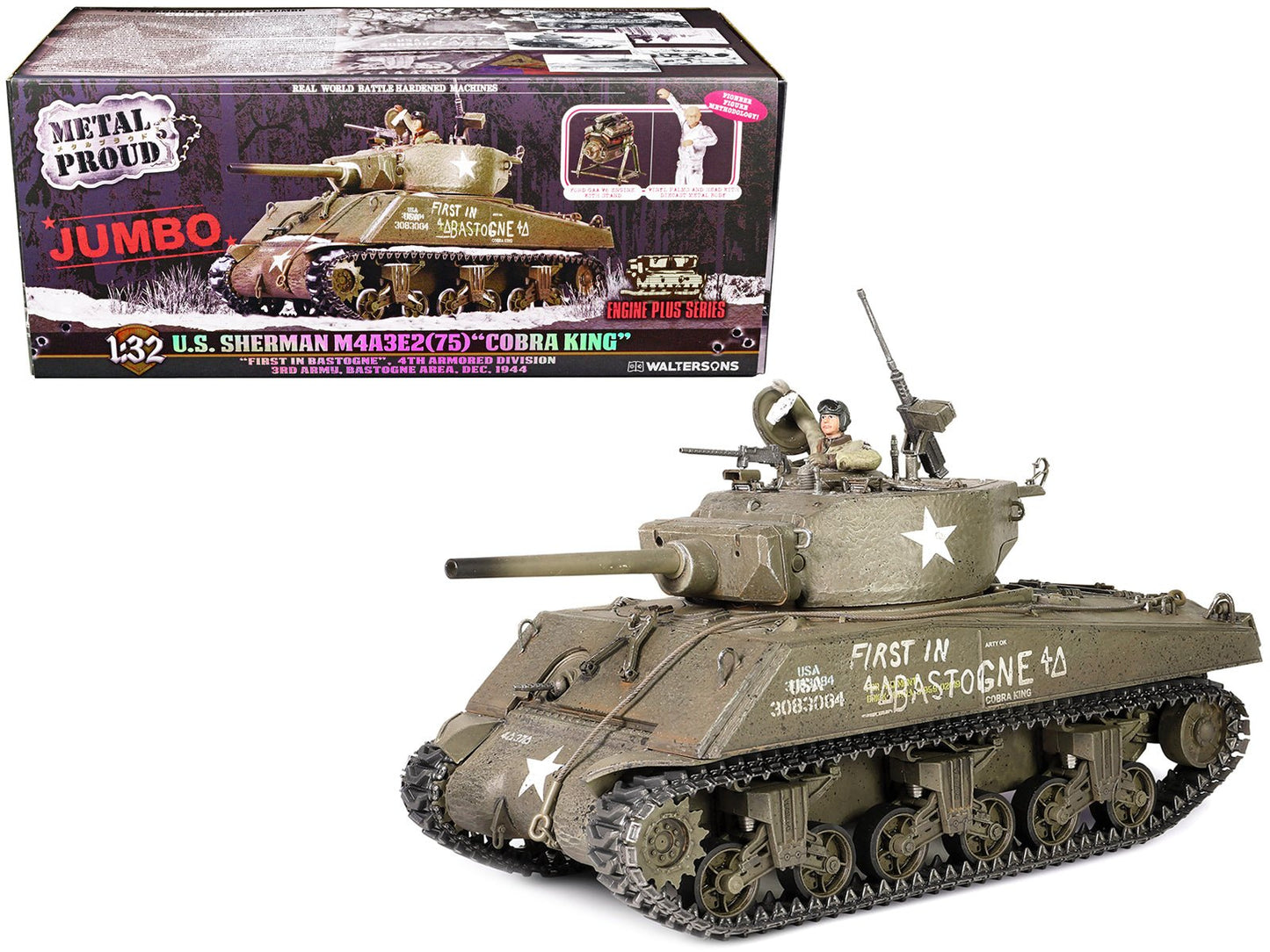 Sherman M4A3E2 (75) “Cobra King” Medium Tank “First in Bastogne” George Smith Patton’s 4th A.Div. 3rd Army Bastogne area (26 December 1944) "Engine Plus" Series 1/32 Diecast Model by Metal Proud free shipping USA