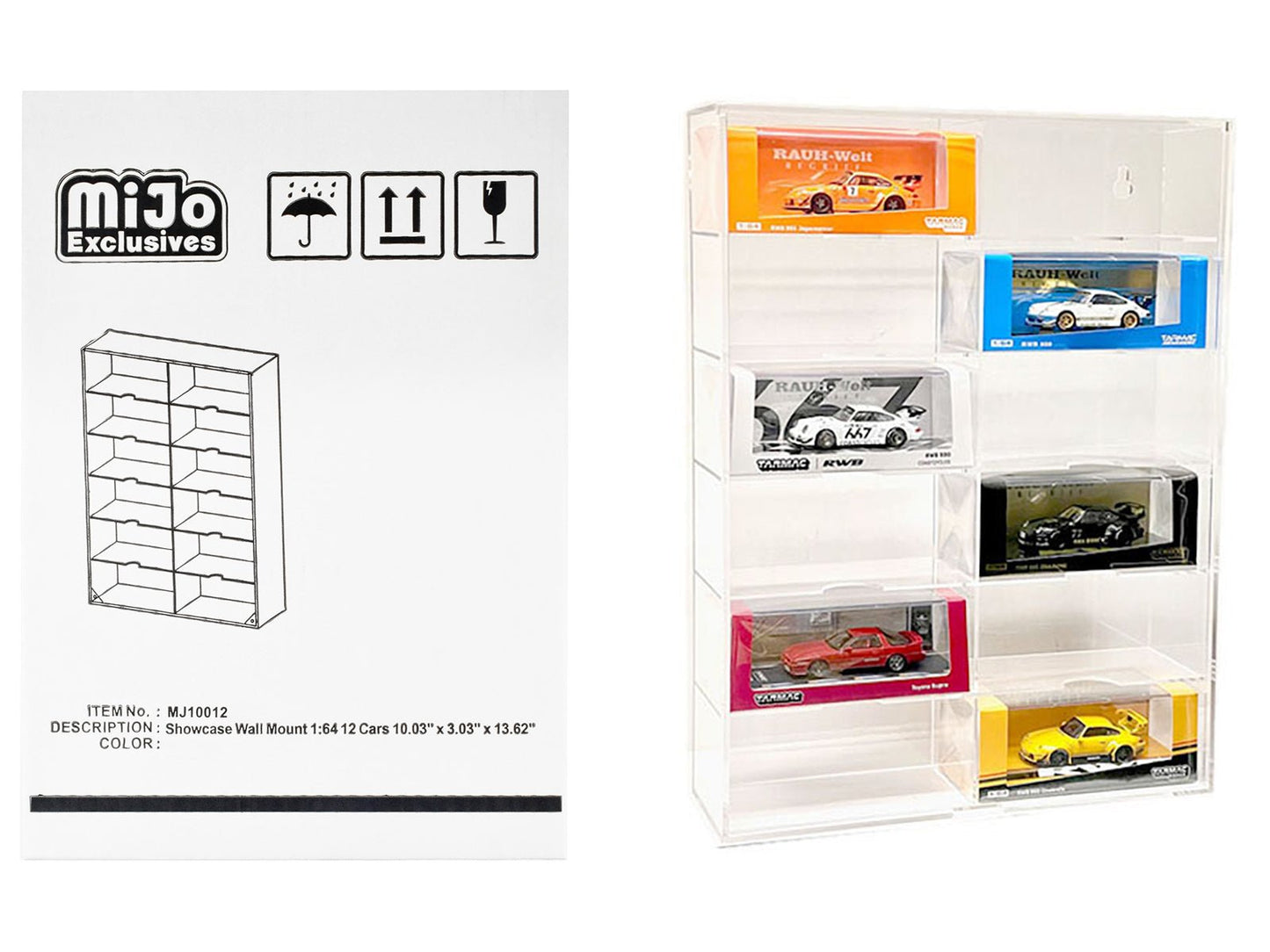 Showcase 12 Car Display Case Wall Mount with Clear Back Panel and Extra Space "Mijo Exclusives" for 1/64 Scale Models free shipping USA
