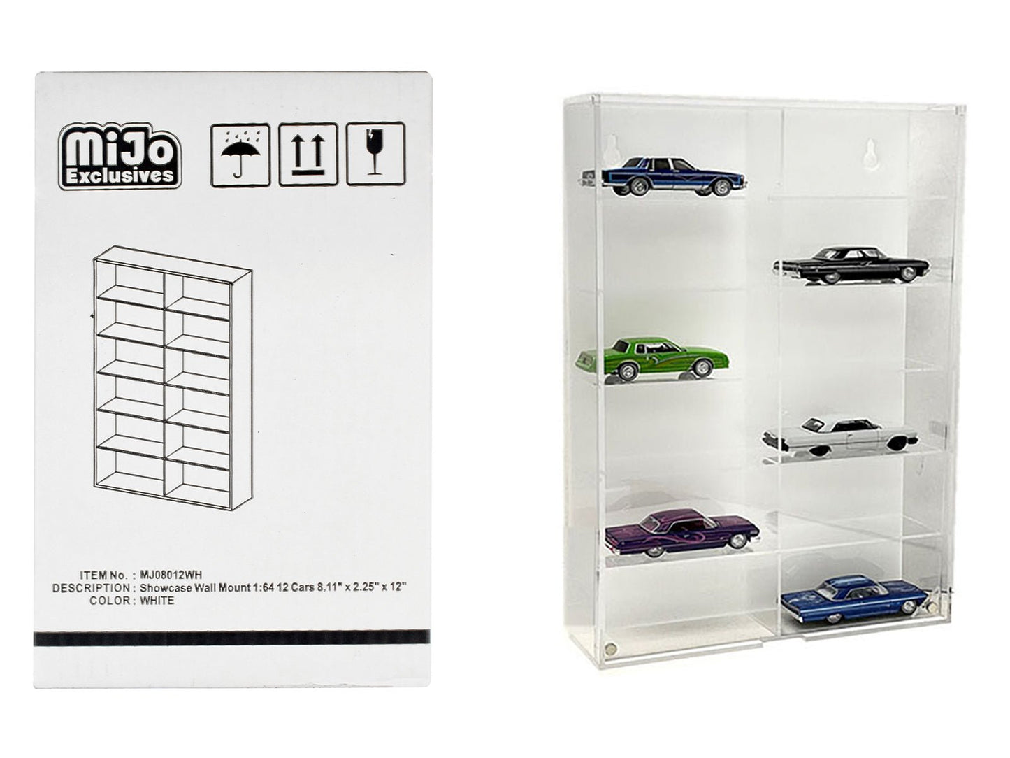 Showcase 12 Car Display Case Wall Mount with White Back Panel "Mijo Exclusives" for 1/64 Scale Models free shipping USA