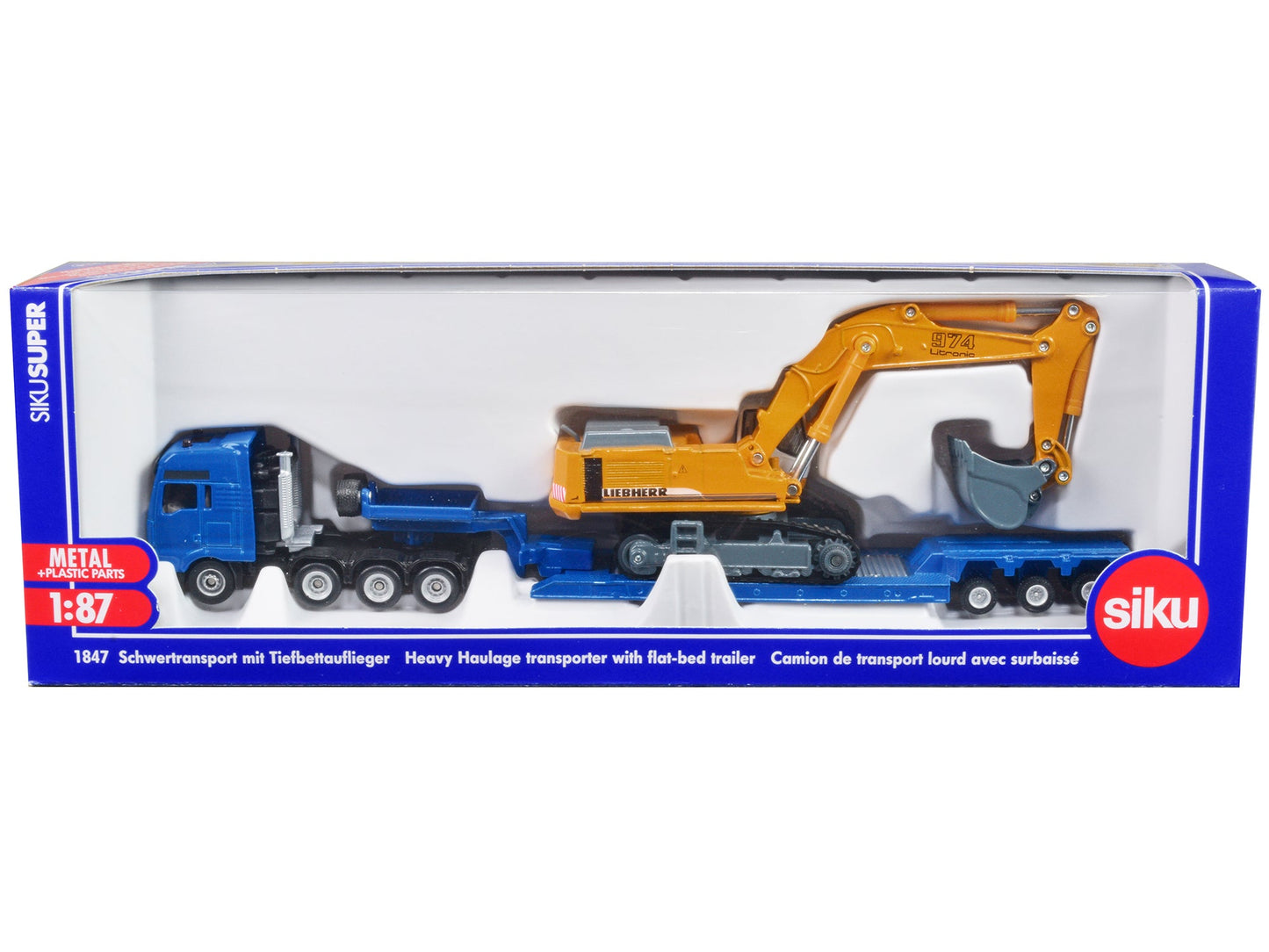 Heavy Haulage Flatbed Transporter Blue and Liebherr 974 Litronic Excavator Yellow 1/87 (HO) Diecast Models by Siku free shipping USA