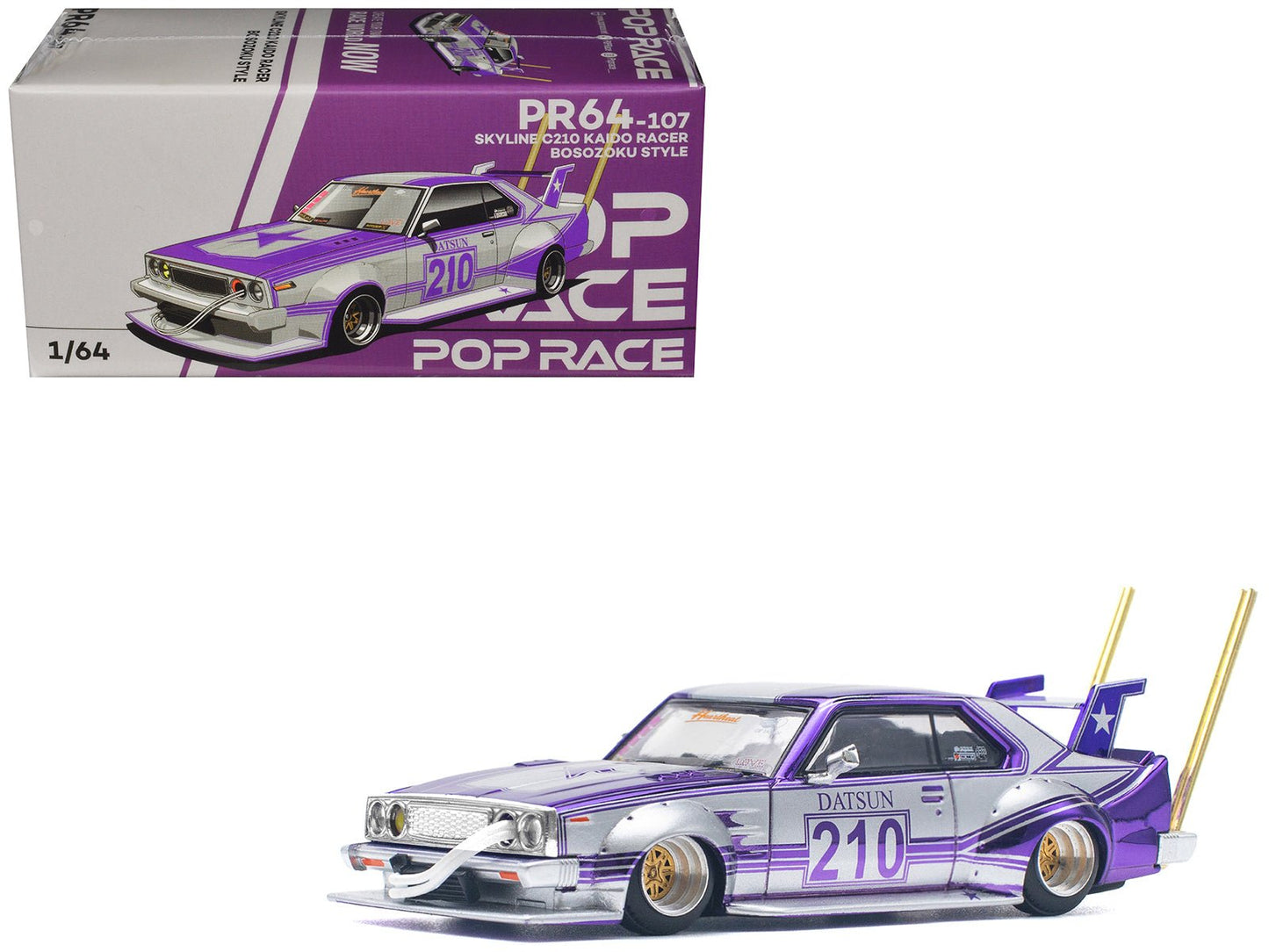 Skyline C210 Kaido Racer "Bosozoku Style" RHD (Right Hand Drive) #210 Purple and Silver 1/64 Diecast Model Car by Pop Race free shipping USA