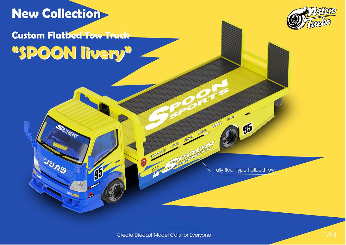 MicroTurbo Hino 300 Custom Flatbed Tow Truck Spoon Livery 1:64