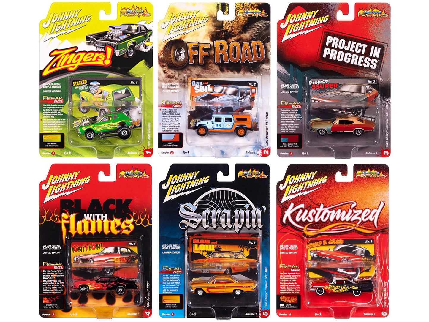 "Street Freaks" 2025 Release 1 Set A of 6 Cars 1/64 Diecast Model Cars by Johnny Lightning free shipping USA