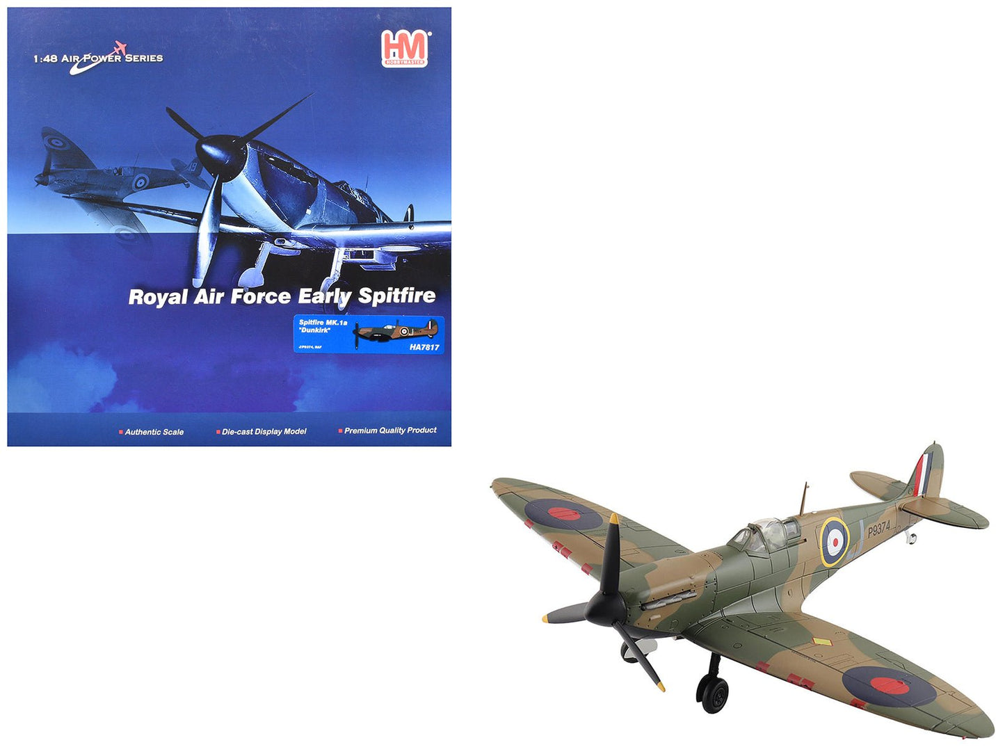 Supermarine Spitfire Mk.1a Fighter Aircraft "J/P9374 Dunkirk" British Royal Air Force "Air Power Series" 1/48 Diecast Model by Hobby Master free shipping USA