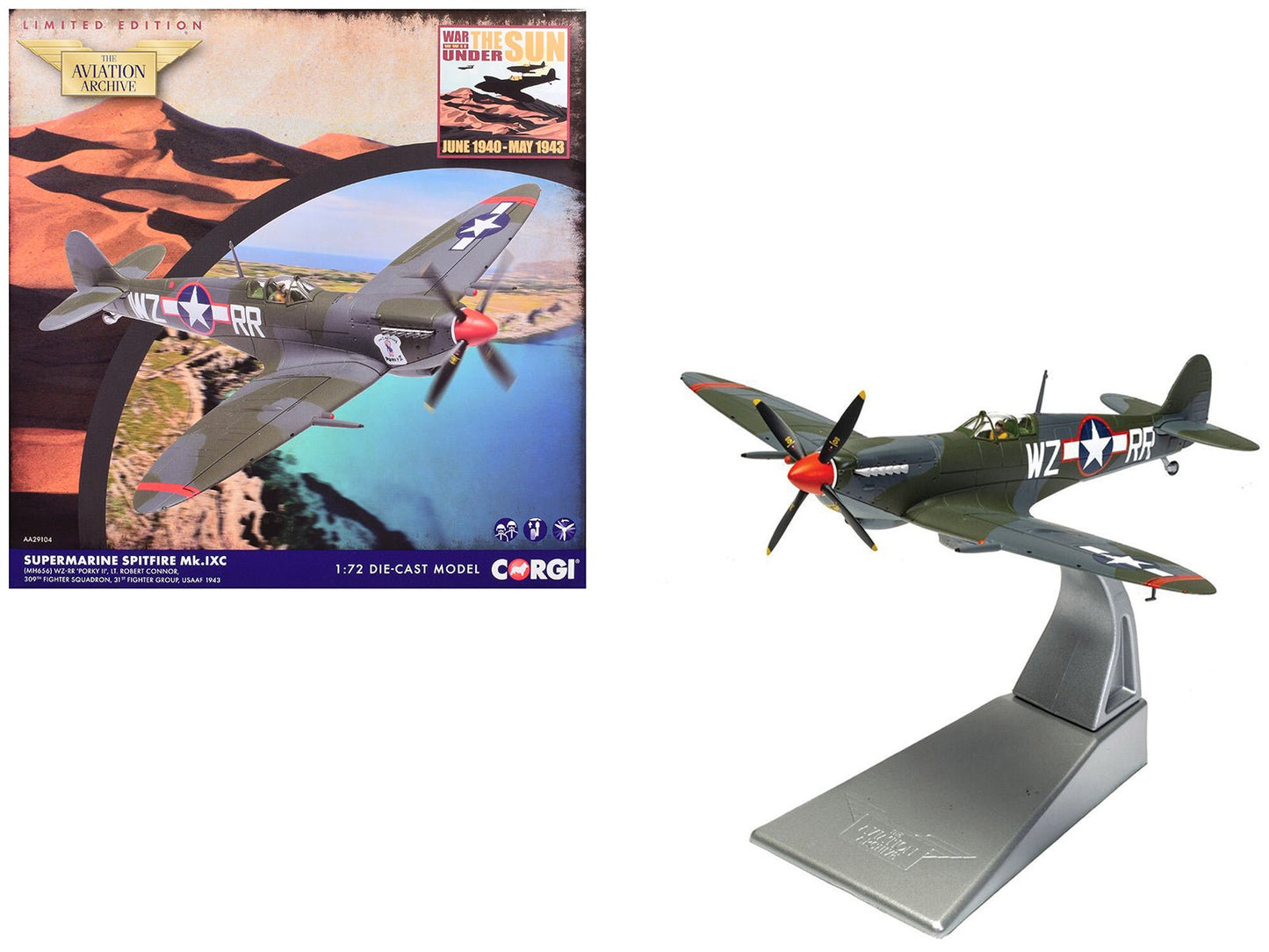 Supermarine Spitfire MkIXC Fighter Aircraft "Porky II Lt Robert Connor 309th Fighter Squadron 31st Fighter Group" (1943) United States Army Air Forces "The Aviation Archive" Series 1/72 Diecast Model by Corgi free shipping USA
