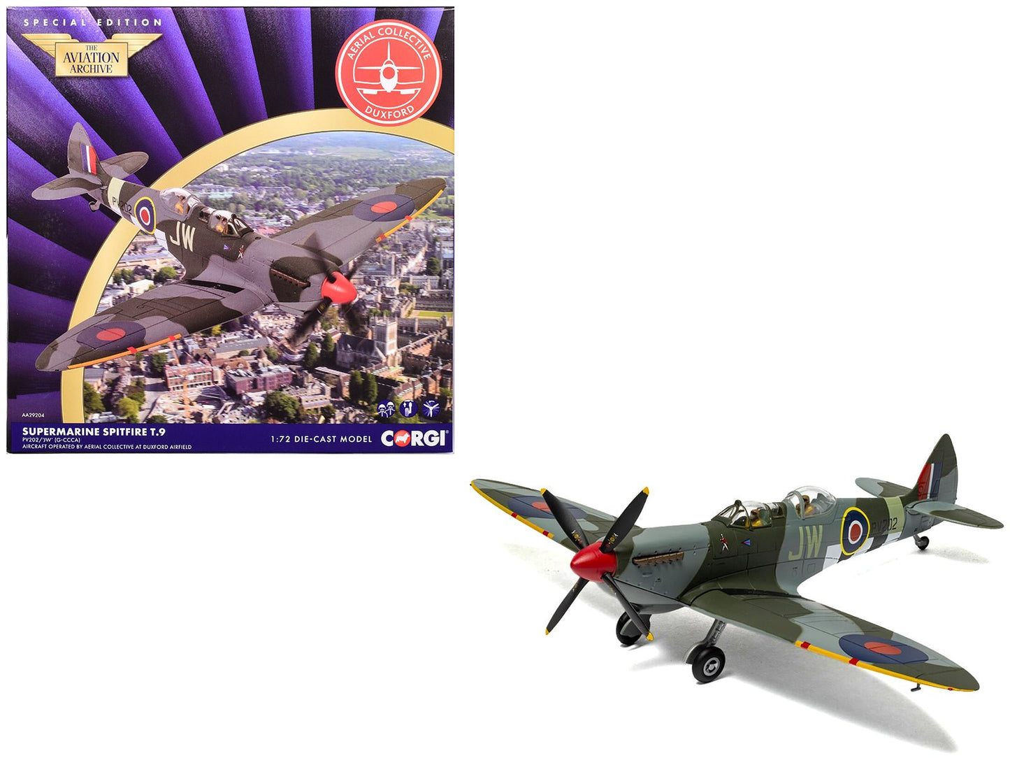 Supermarine Spitfire T.9 Aircraft "PV202 Aerial Collective at Duxford Airfield" British Royal Air Force "The Aviation Archive" Series 1/72 Diecast Model by Corgi free shipping USA