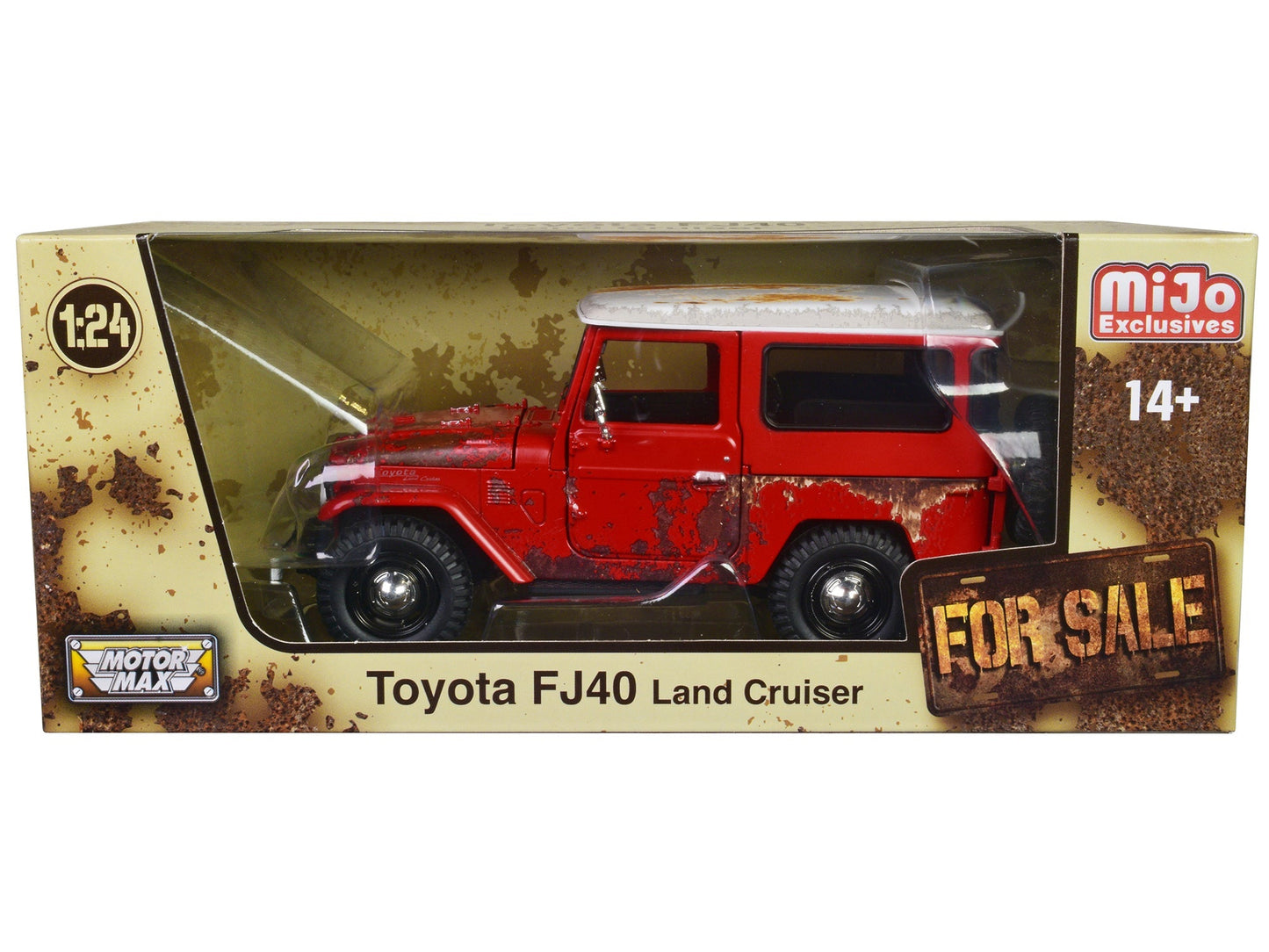 Toyota FJ40 Land Cruiser Red with White Top (Rusted Version) "For Sale" Series 1/24 Diecast Model Car by Motormax free shipping USA