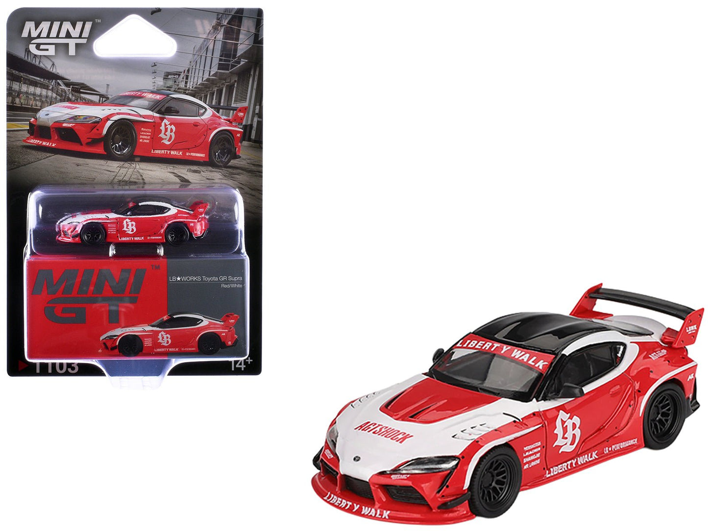 Toyota GR Supra "LB-Works" Red with White Stripes and Black Top Limited Edition 1/64 Diecast Model Car by Mini GT free shipping USA