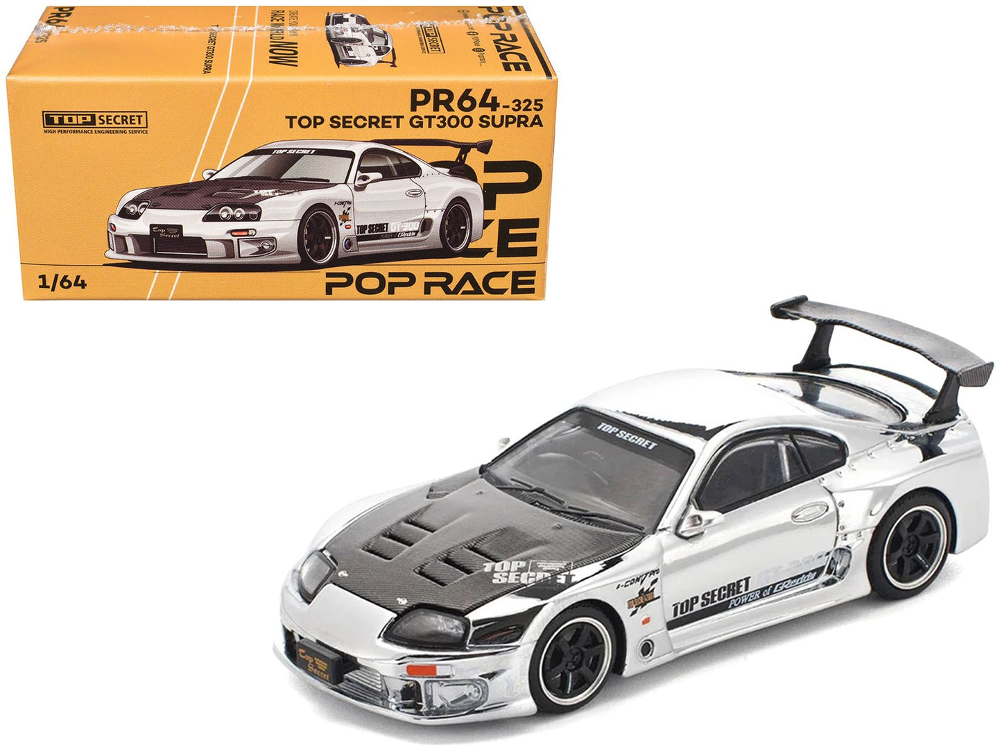 Toyota Supra "Top Secret" GT300 RHD (Right Hand Drive) Silver Chrome 1/64 Diecast Model Car by Pop Race free shipping USA