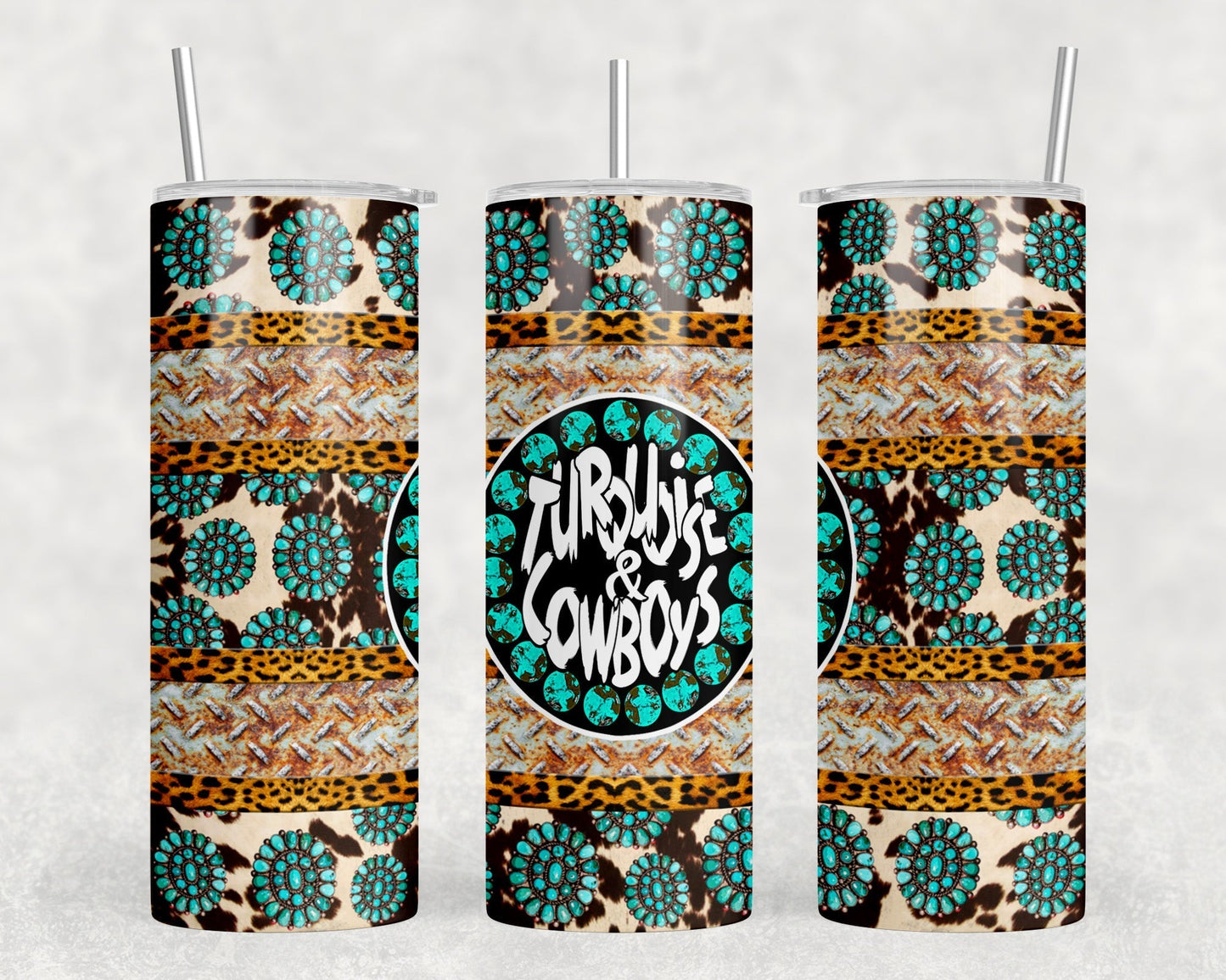 Turquoise And Cowboys - 20 oz Steel Skinny Tumbler - Optional Blue Tooth Speaker - Speaker Color will Vary by Rowdy Ridge Co
