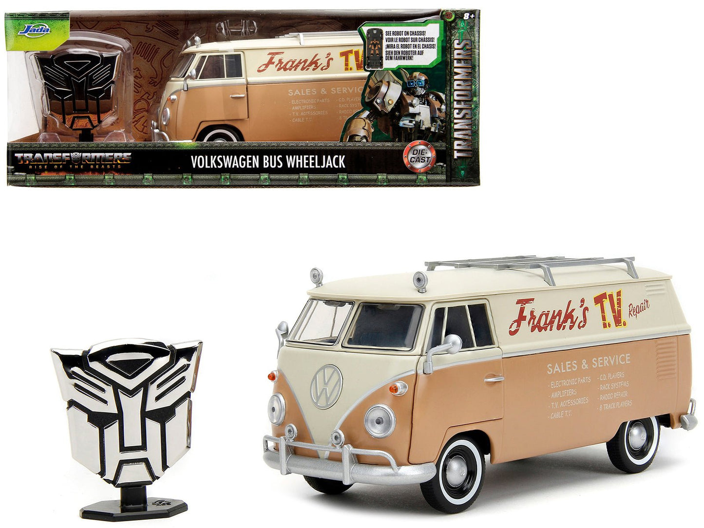 Volkswagen Bus "WheelJack" Tan and Beige "Frank's TV Repair" and Transformers Logo Diecast Statue "Transformers: Rise of the Beasts" (2023) Movie "Hollywood Rides" Series 1/24 Diecast Model Car by Jada free shipping USA