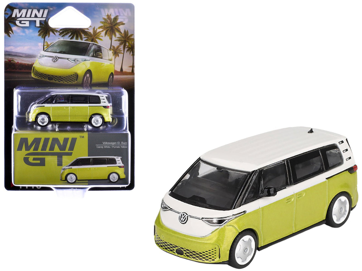 Volkswagen ID. Buzz Van Pomelo Yellow Metallic and Candy White Limited Edition 1/64 Diecast Model Car by Mini GT free shipping USA