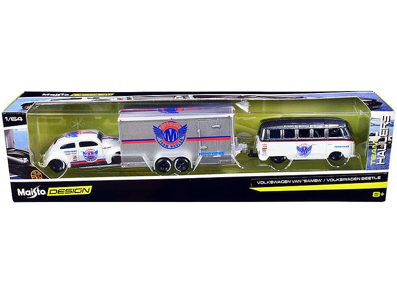 Volkswagen Samba Bus Dark Gray Metallic and White with Volkswagen Beetle White Metallic and Enclosed Car Trailer Silver "Toyo Tires" "Team Haulers" Series 1/64 Diecast Model Cars by Maisto free shipping USA