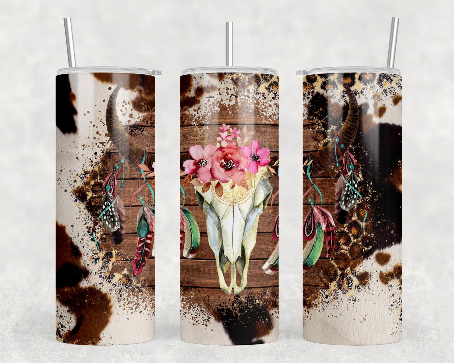 Western Bull Skull - 20 oz Steel Skinny Tumbler - Optional Blue Tooth Speaker - Speaker Color will Vary by Rowdy Ridge Co