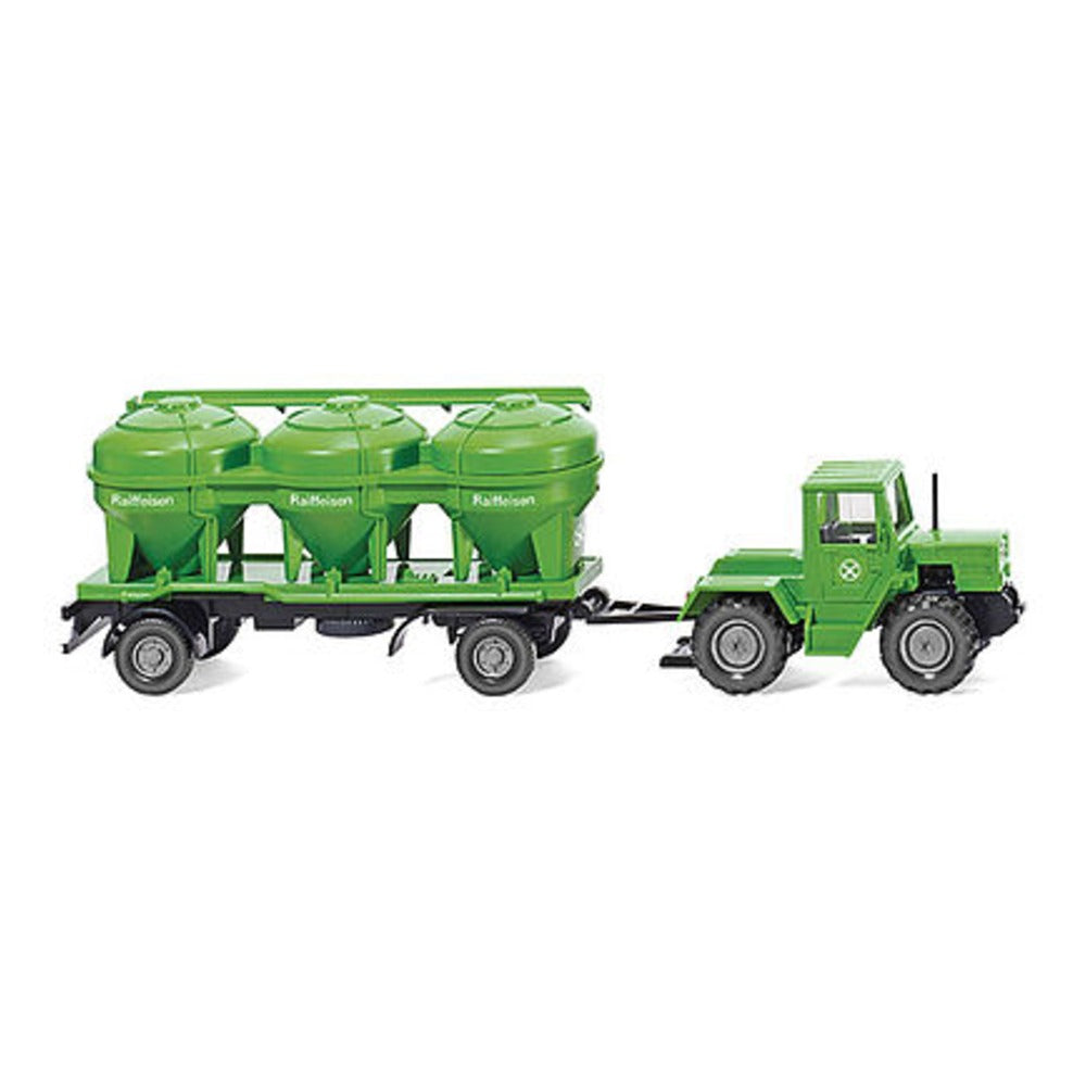 Wiking 38598 HO Scale 1976 Mercedes-Benz Trac Tractor w/Silo Trailer - Assembled -- Raiffeisen Bank (green, white, German Lettering)