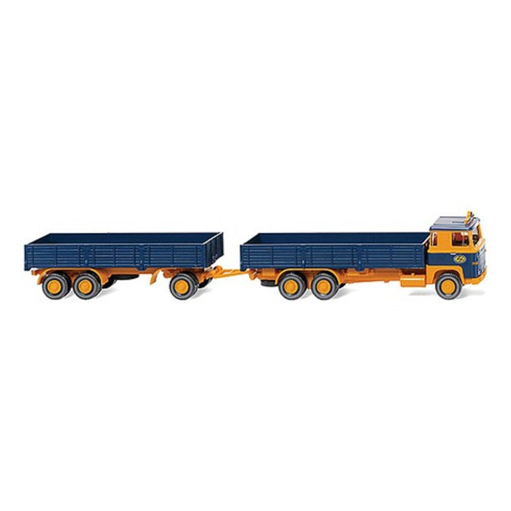 Wiking 43304 HO Scale 1974 Scania Low-Side Truck w/Trailer - Assembled -- ASG (yellow, blue, German Lettering)