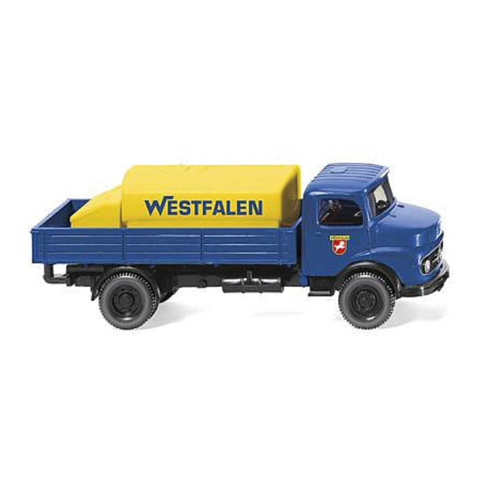Wiking 43801 HO Scale 1963 Mercedes-Benz Low-Side Delivery Truck w/Tank Load - Assembled -- Westfalen (blue, yellow, German Lettering)
