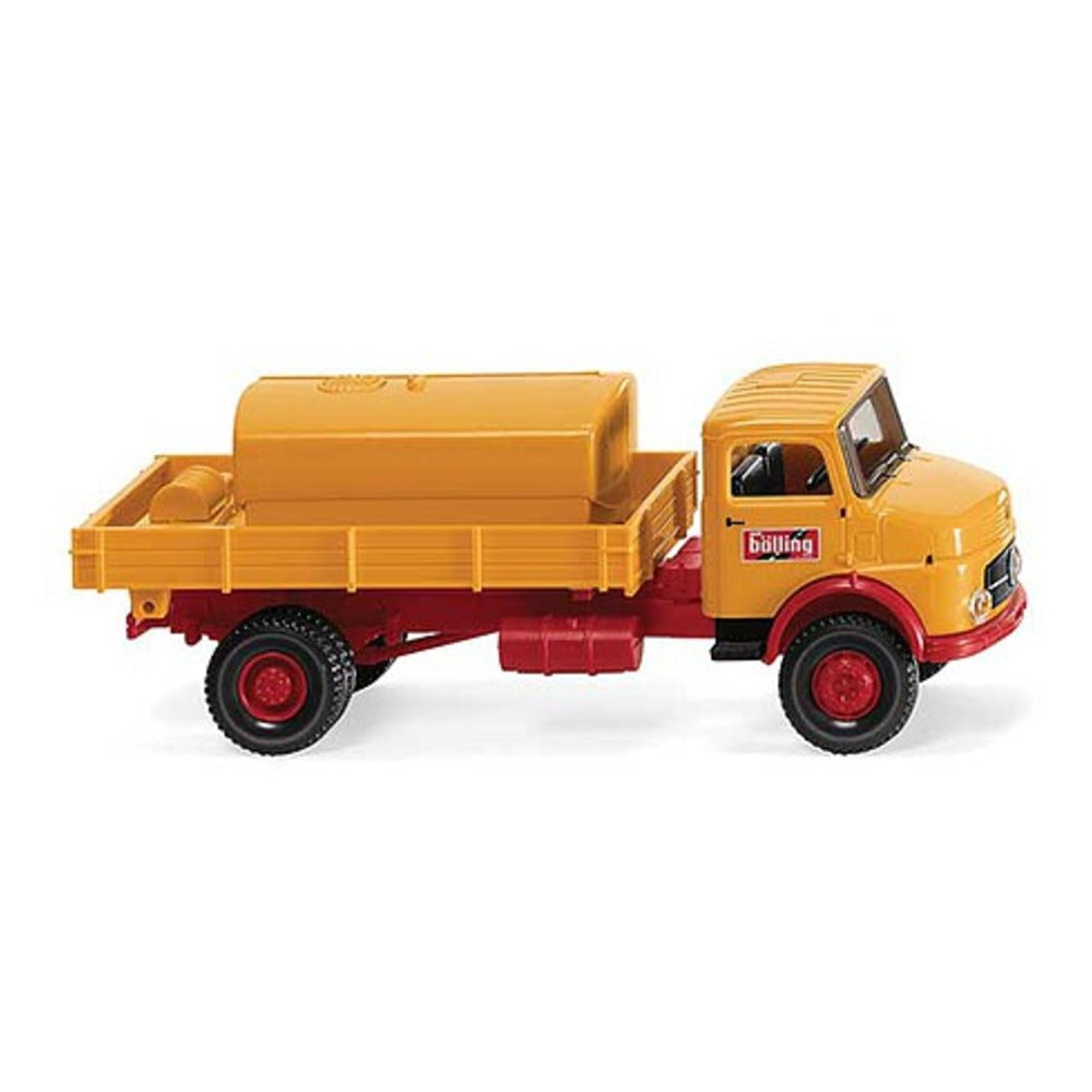 Wiking 43802 HO Scale 1963 Mercedes-Benz Low-Side Delivery Truck w/Tank Load - Assembled -- Bolling (yellow, red; German Lettering)