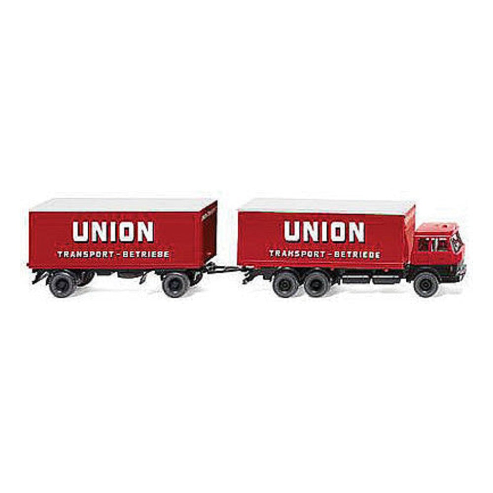 Wiking 45701 HO Scale 1969 Hanomag Henschel Box Truck w/Trailer - Assembled -- Union Transport (red, white, German Lettering)