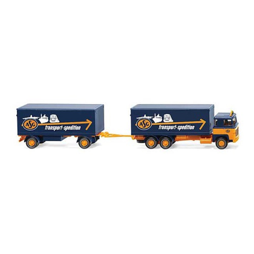 Wiking 45703 HO Scale 1974-1980 Scania 111 Box-Body Truck and Trailer - Assembled -- ASG (blue, yellow, German Lettering)