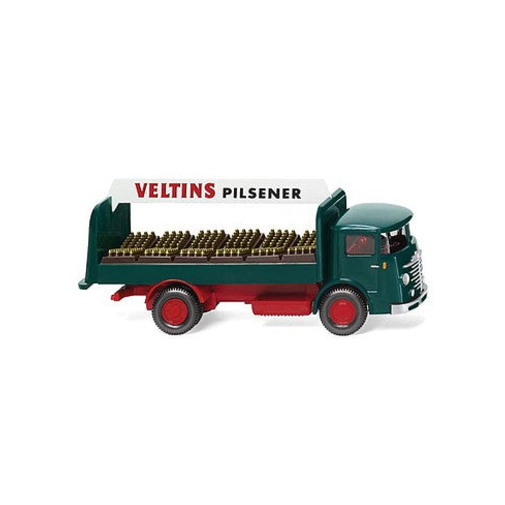 Wiking 47602 HO Scale 1953-1955 Bussing 4500 Low-Side Truck - Assembled -- Veltins (green, red, white, German Lettering)