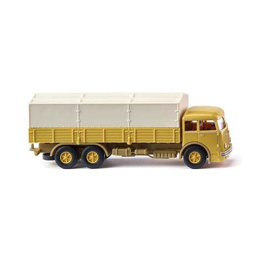 Wiking 47904 HO Scale 1951 Bussing 12.000 Low-Side Truck with Cover - Assembled -- Yellow, Ivory