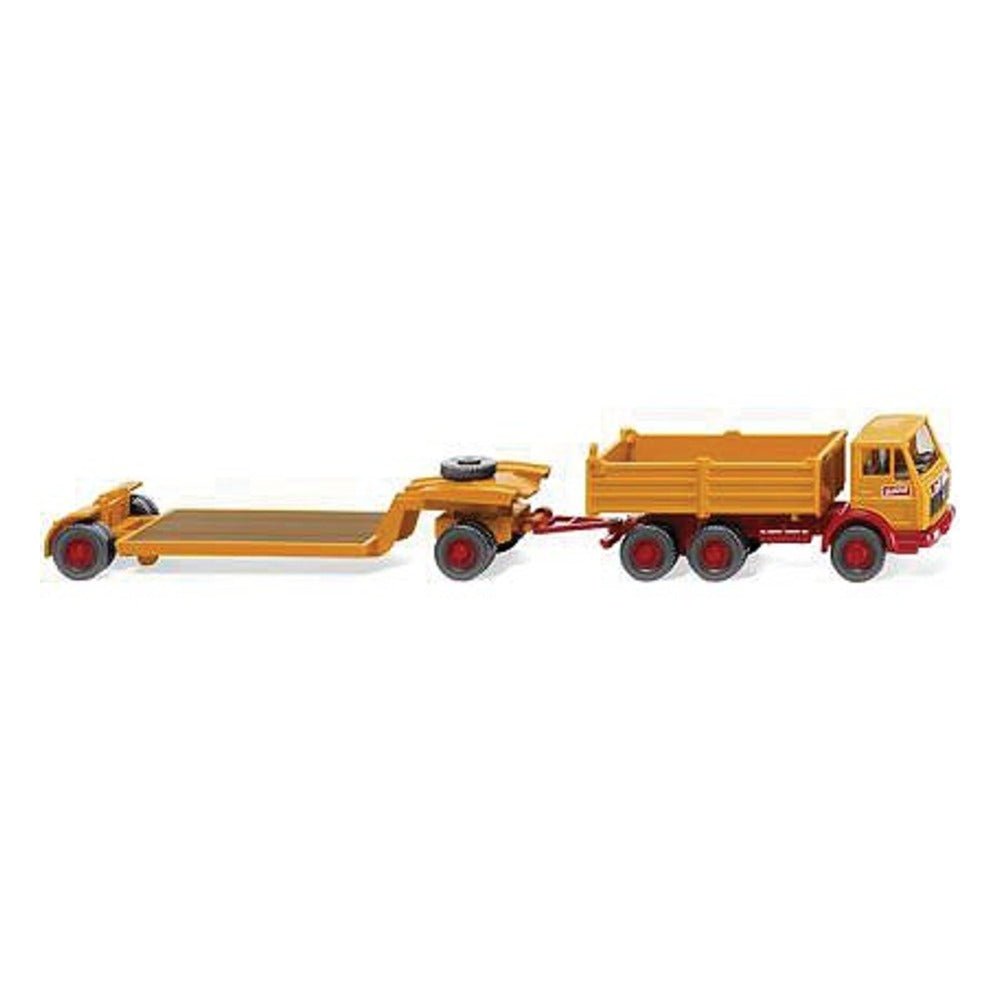 Wiking 49201 HO Scale Mercedes-Benz NG Dump Truck with Lowboy Equipment Trailer - Assembled -- Bolling (yellow, red, German)