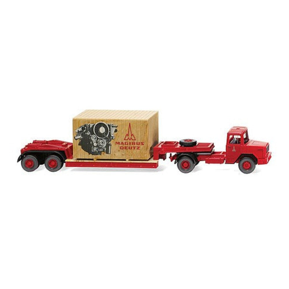 Wiking 50305 HO Scale 1970-1974 Magirus Deutz Tractor with Low Boy Trailer, Crate Load - Assembled -- Magirus (red, German Lettering)