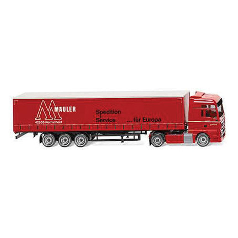 Wiking 53707 HO Scale MAN TGX Euro 6 Tractor w/Canvas-Side Trailer - Assembled -- Mauler (red, white, German Lettering)