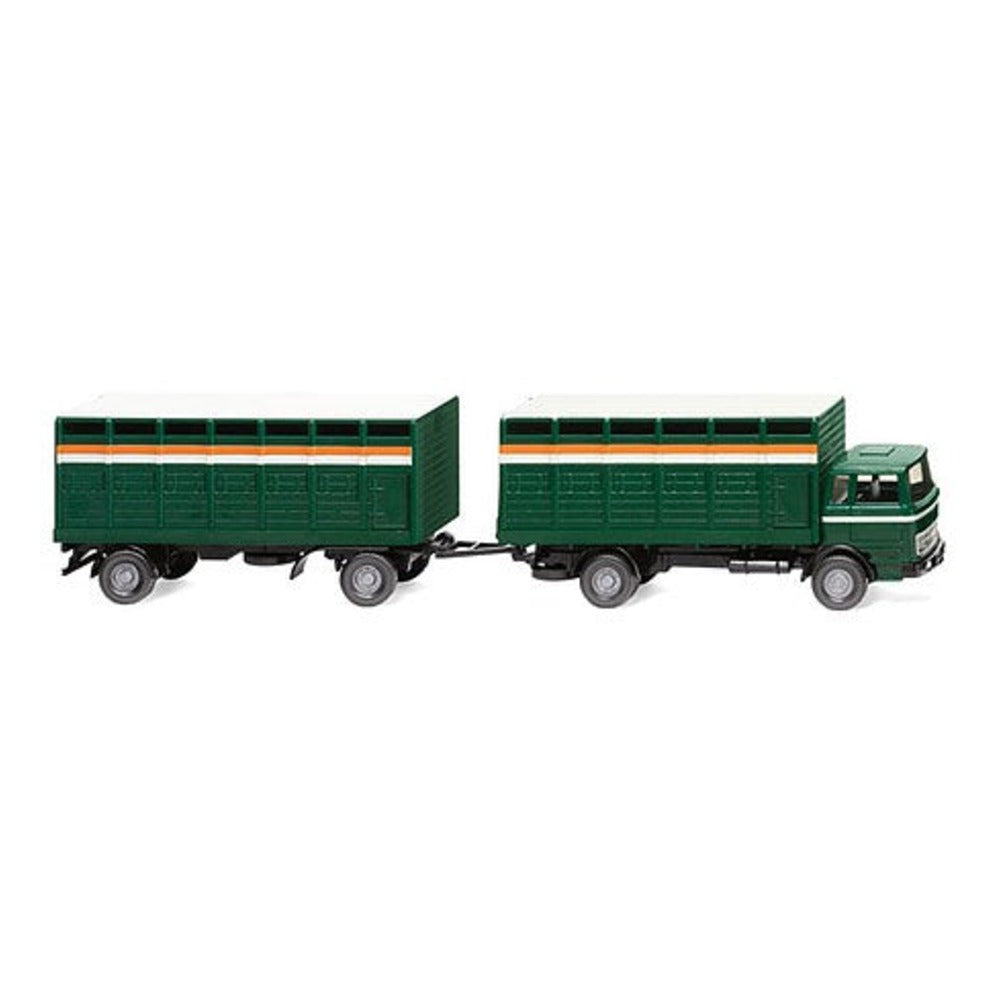Wiking 56503 HO Scale 1963-1967 Mercedes-Benz Cab-Over Cattle Truck with Trailer - Assembled -- Green, Orange, White