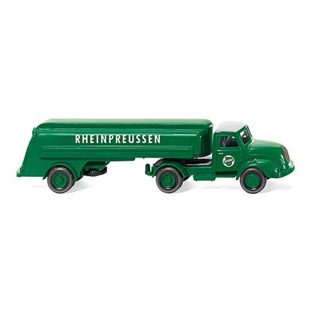 Wiking 80049 HO Scale 1958 Magirus S 3500 Tractor w/Tank Trailer - Assembled -- Rheinpreussen (green, white, German Lettering)