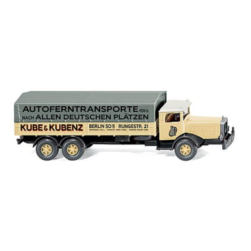 Wiking 84303 HO Scale Mercedes-Benz L 10000 Flatbed Truck -- Kube & Kubenz Berlin (ivory, gray, white, German Lettering)