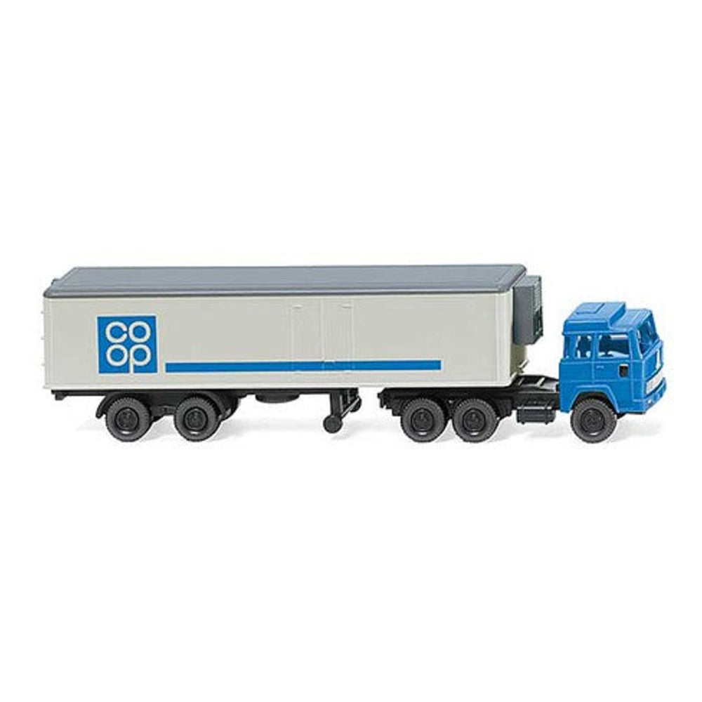 Wiking 95199 N Scale 1963-1971 Magirus Tractor with Reefer Trailer - Assembled -- CO-OP (blue, silver, German Lettering)