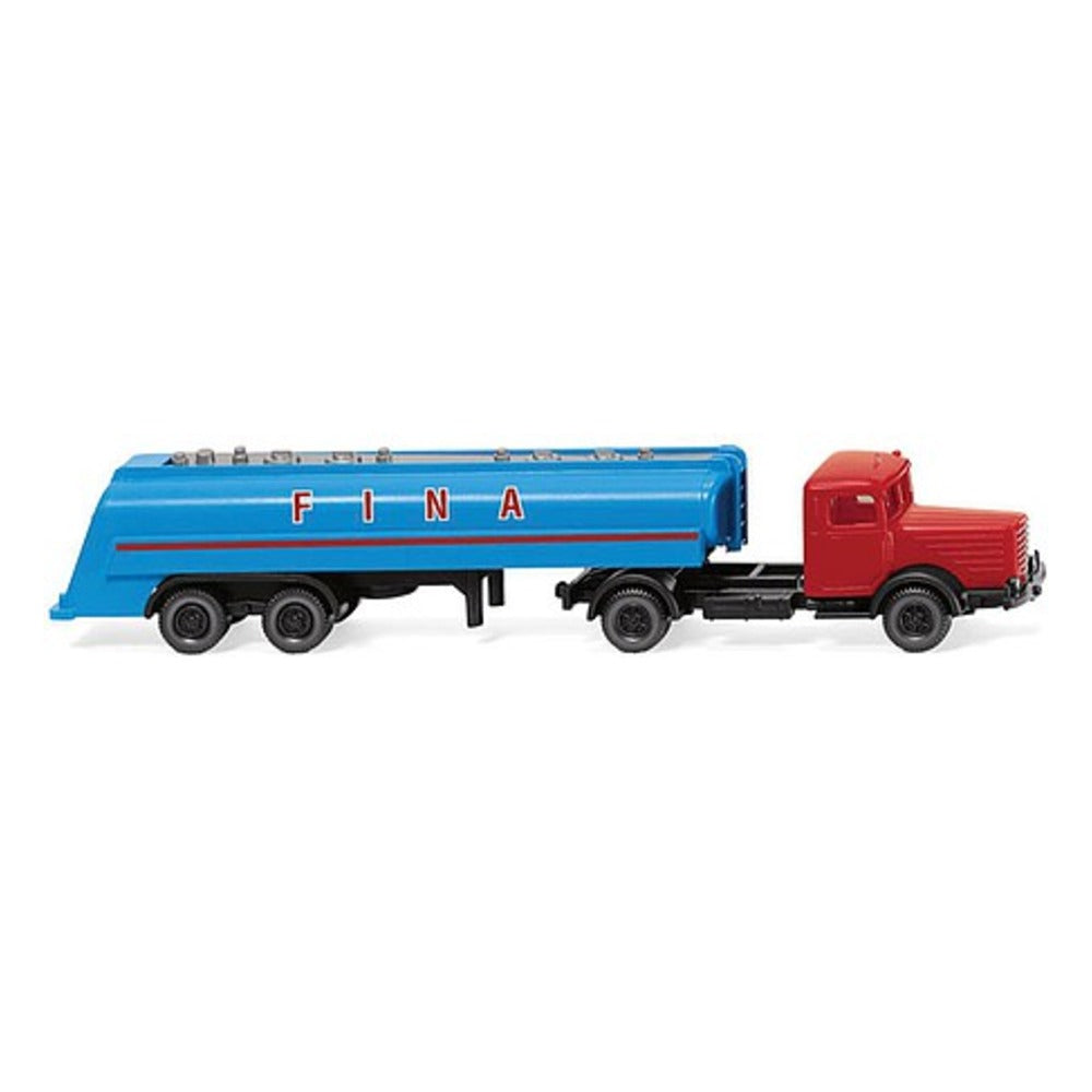 Wiking 98242 N Scale 1950-1956 Bussing 8000 Tractor with Tank Trailer - Assembled -- Fina (blue, red, German Lettering)