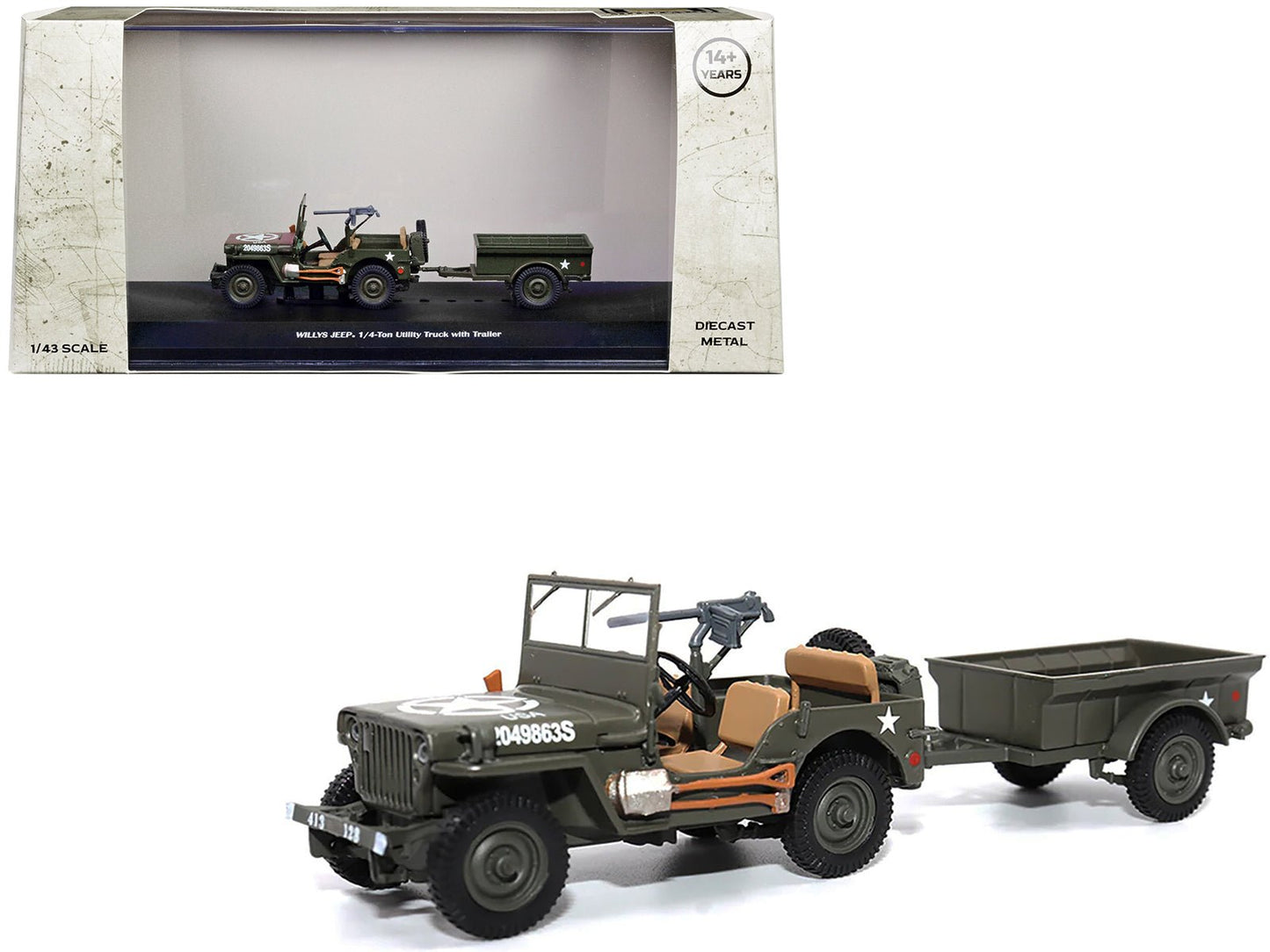 Willys Jeep 1/4-Ton Utility Truck Olive Drab with Trailer "United States Army" 1/43 Diecast Model by Militaria Die Cast free shipping USA