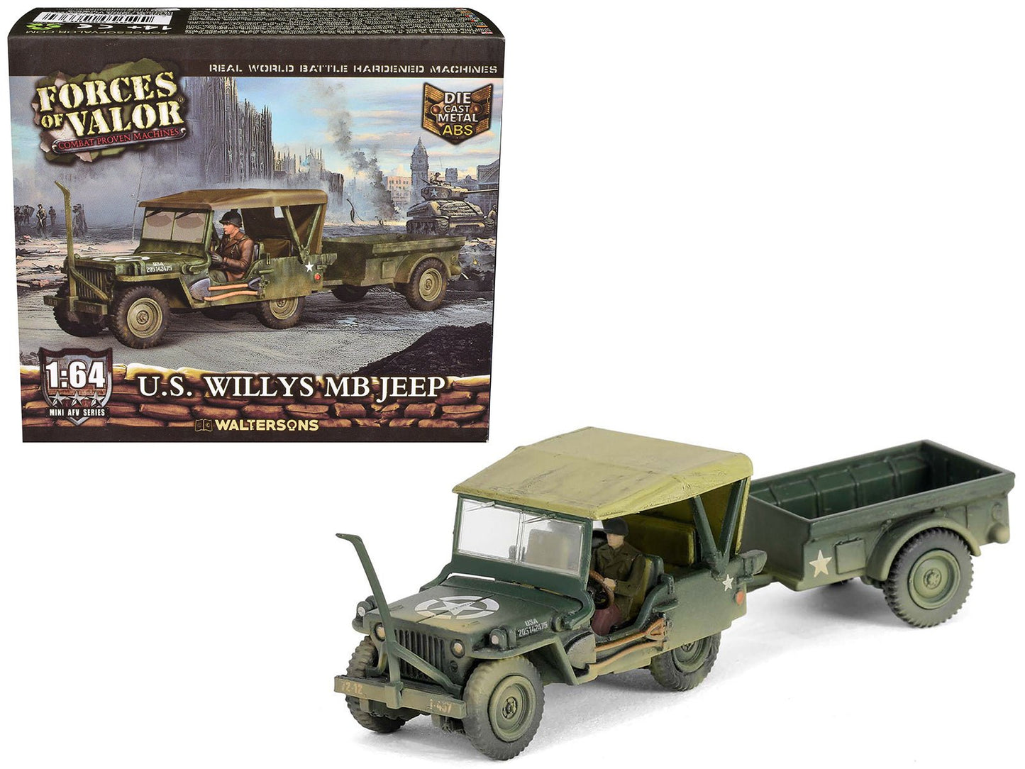 Willys MB Jeep with Trailer Olive Drab (Weathered) with Driver Figure "United States Army" "Mini AFV" Series 1/64 Diecast Model by Forces of Valor free shipping USA