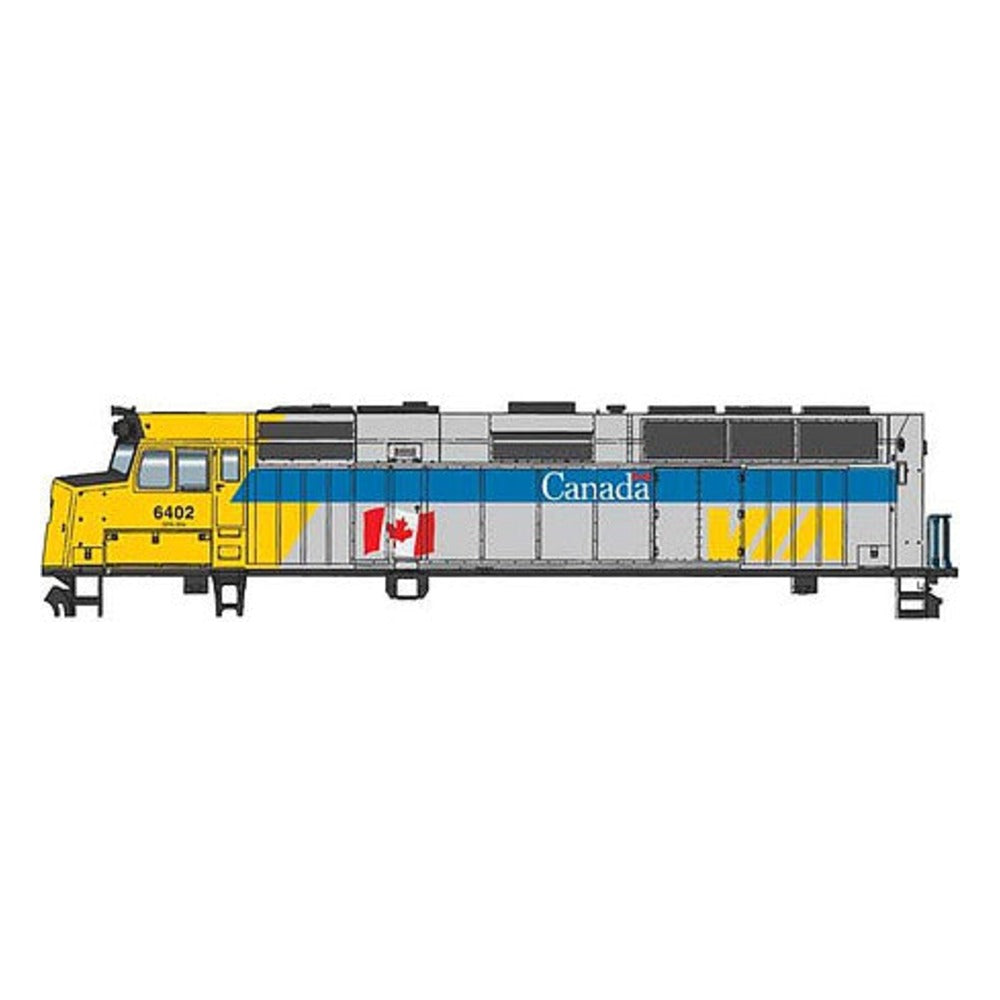 Walthers Mainline 910-19469 HO Scale EMD F40PH - ESU Sound and DCC -- VIA Rail Canada #6402 (Canada Scheme, gray, blue, yellow, with Flag)