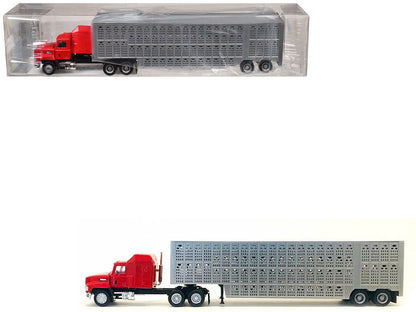 Mack CH 613 with Sleeper Cab Red with Silver Livestock Trailer 1/87 (HO) Plastic Model Car by Promotex  free shipping USA