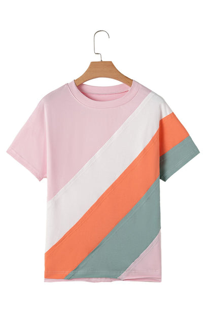 Color Block Round Neck Short Sleeve T Shirt