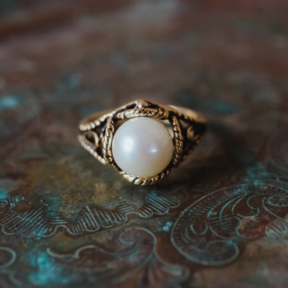 Vintage 1970's Pearl Bead Ring Antiqued 18k Gold Electroplated Made in USA by PVD Vintage Jewelry