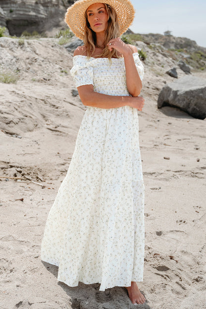 Frilly Shirred Bodice Tiered Floral Maxi Dress by Poppy Lee Lane