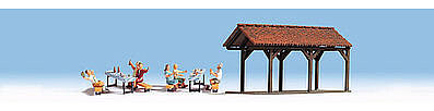 Noch 12031 HO Scale Garden Party -- 6 People, 2 Tables, 4 Benches & Picnic Shelter