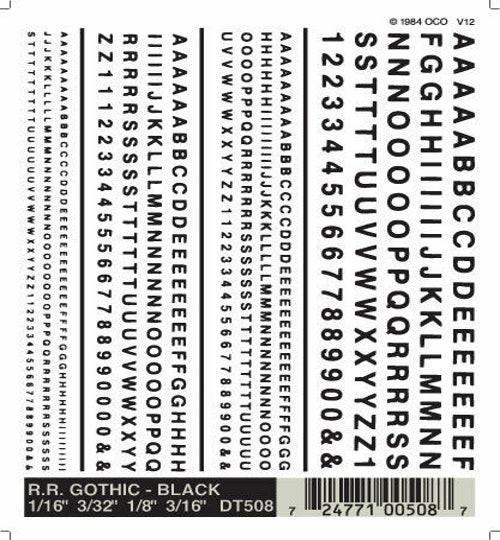 Woodland Scenics DT508 RR Gothic Black Decals 1/16-3/16" Train Decal Sheet