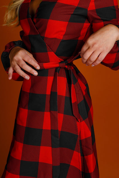 The Red & Black Lumberjack | Red Buffalo Check Christmas Wrap Dress by Shinesty